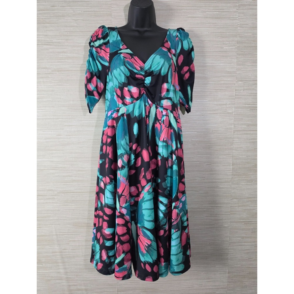 Torrid Midi Dress Womens 00 Black Turquoise Floral Stretch V-Neck Ruched Sleeve